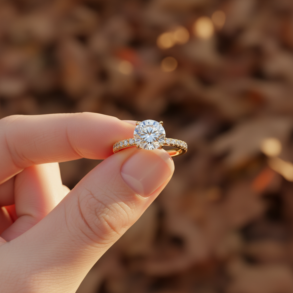 Round Moissanite Diamond Secret Halo French Pavé Wedding Ring