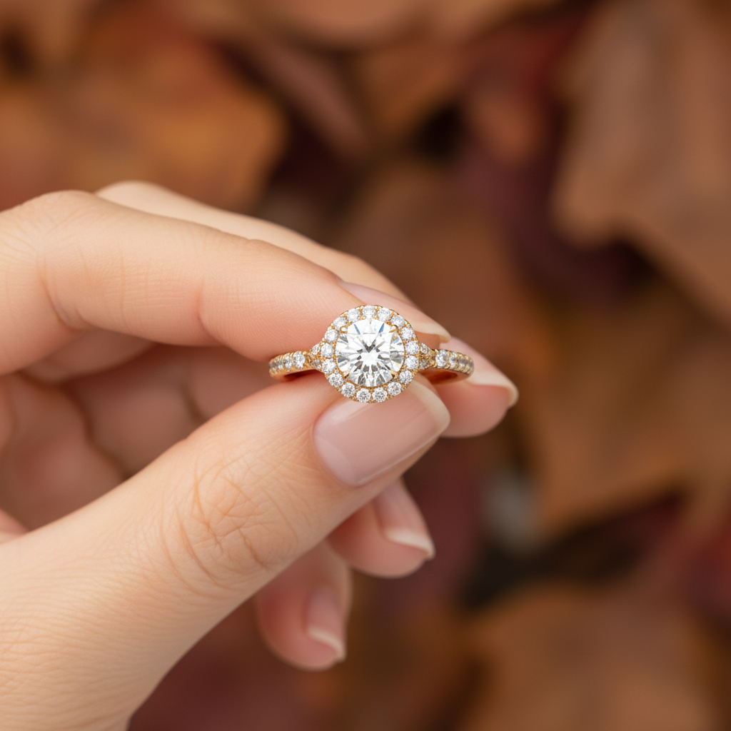 Round Cut Moissanite Solitaire Halo Bridal Ring