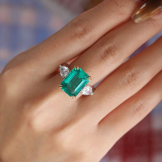 14K Gold Green Emerald  Three-Stone Ring with Moissanite Sides Pear Diamond engagement ring