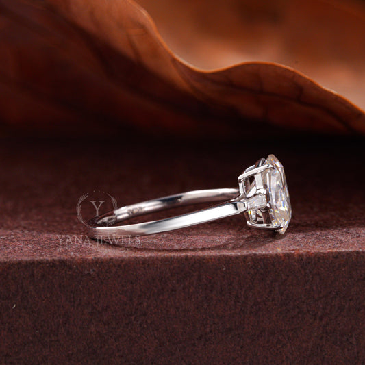Elongated Cushion Cut Three Stone Engagement Ring with Baguettes, Lab Grown Diamond, IGI Certified, Ring for Her gift for her