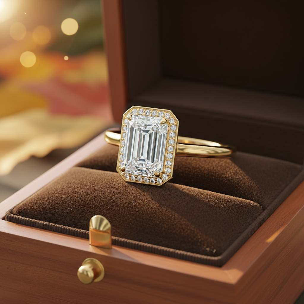 14K Yellow Gold Emerald Cut Moissanite Shared Halo Setting Engagement Ring 