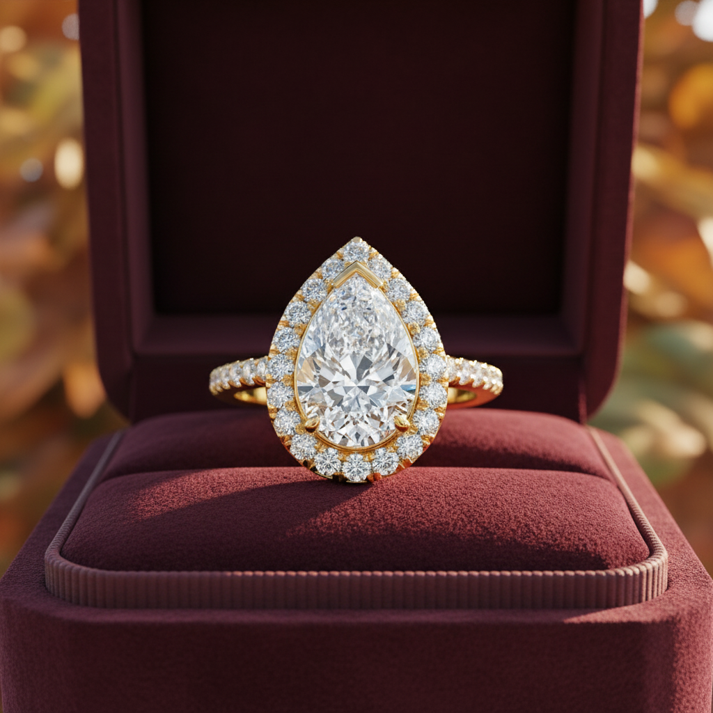 Pear Cut Moissanite Diamond Halo Wedding Ring