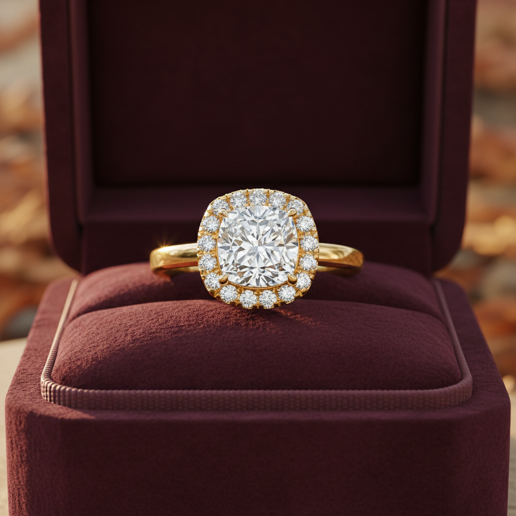 Luxury Cushion Cut Moissanite Diamond Halo Wedding Ring