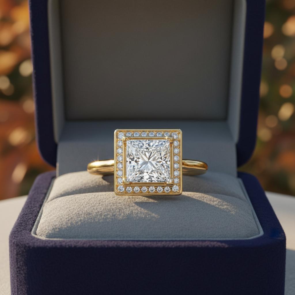 Princess Cut Moissanite Diamond Halo Wedding Ring