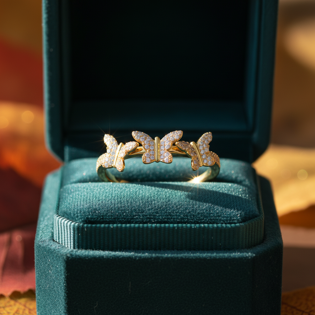 Round Cut Moissanite 3‑Butterfly Linked Charm Diamond Ring