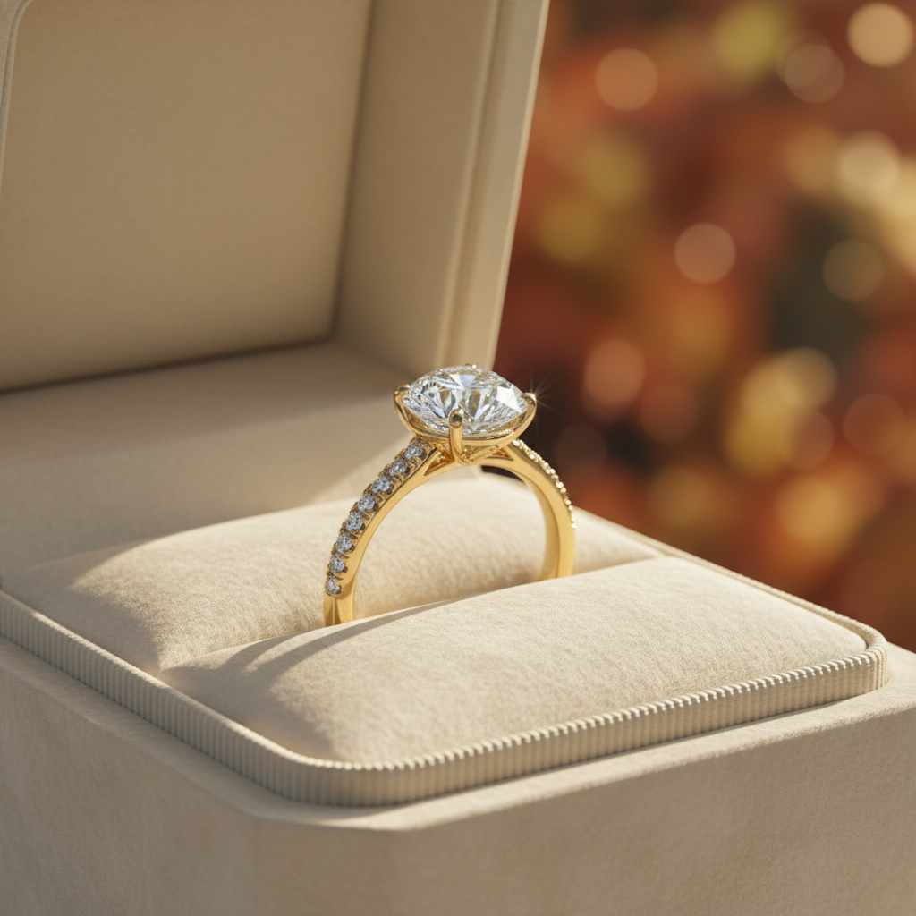 14K Yellow Gold Round Moissanite Diamond Pave Setting Engagement Ring