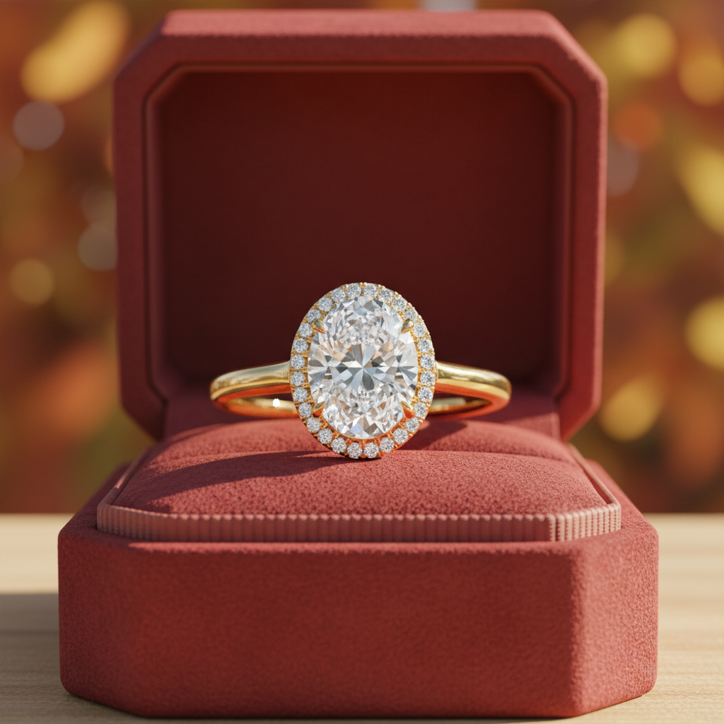 14K Yellow Gold Oval Moissanite Diamond French Pave Halo Engagement Ring