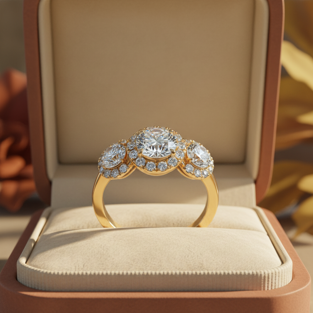 Three Stone Moissanite Diamond Halo Engagement Ring