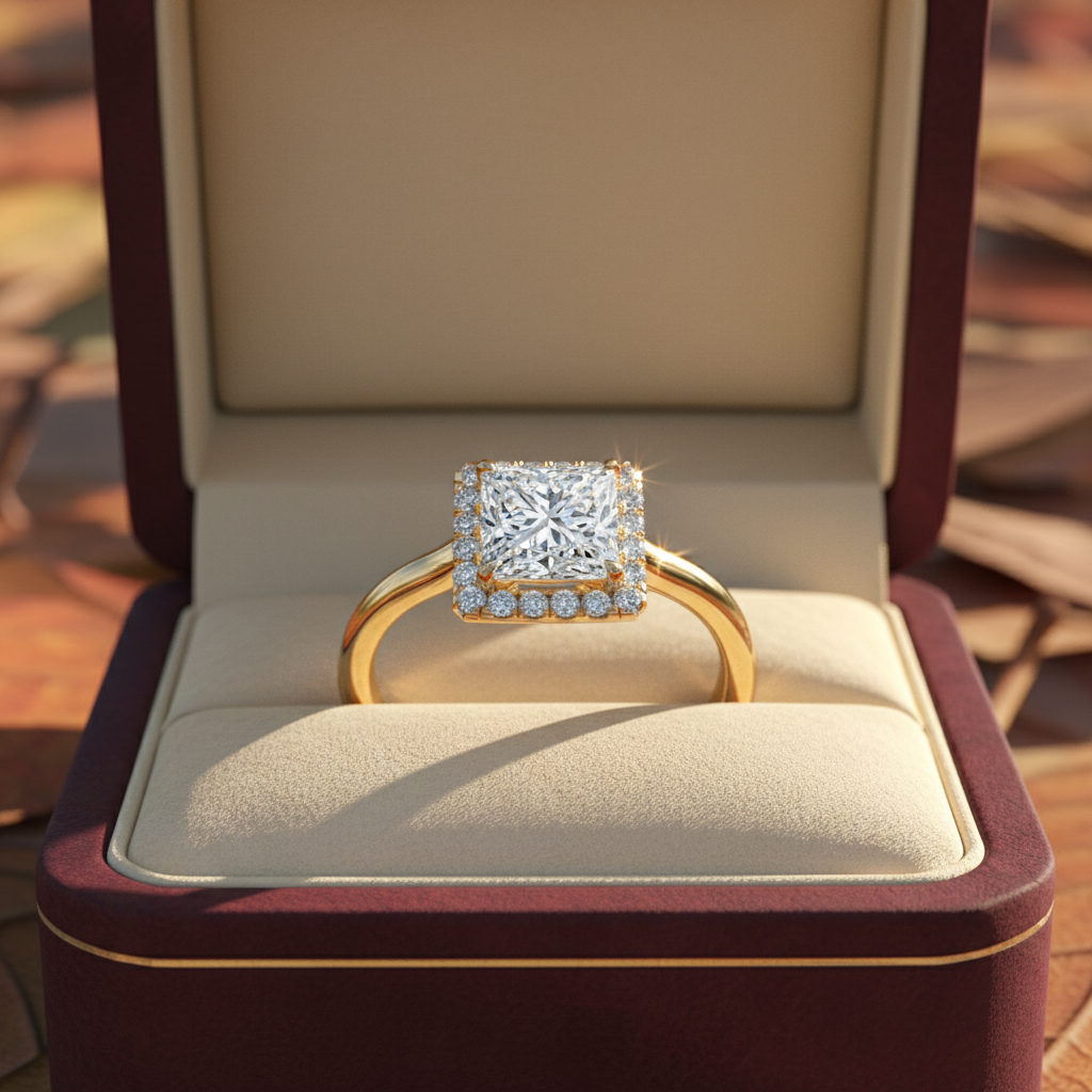 Elegant Princess Cut Moissanite Diamond Halo Wedding Ring