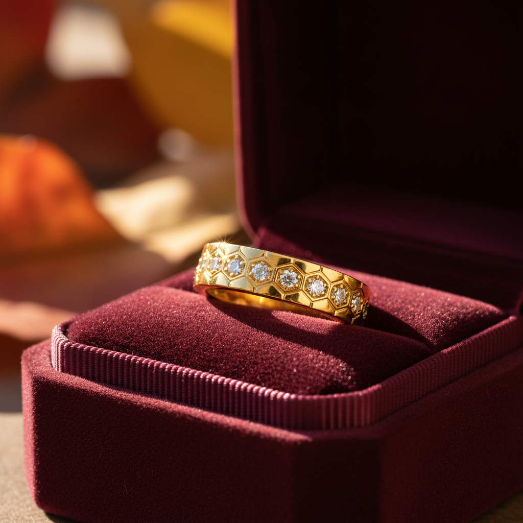 Round Cut Moissanite Hexagon Bezel Full Band Ring