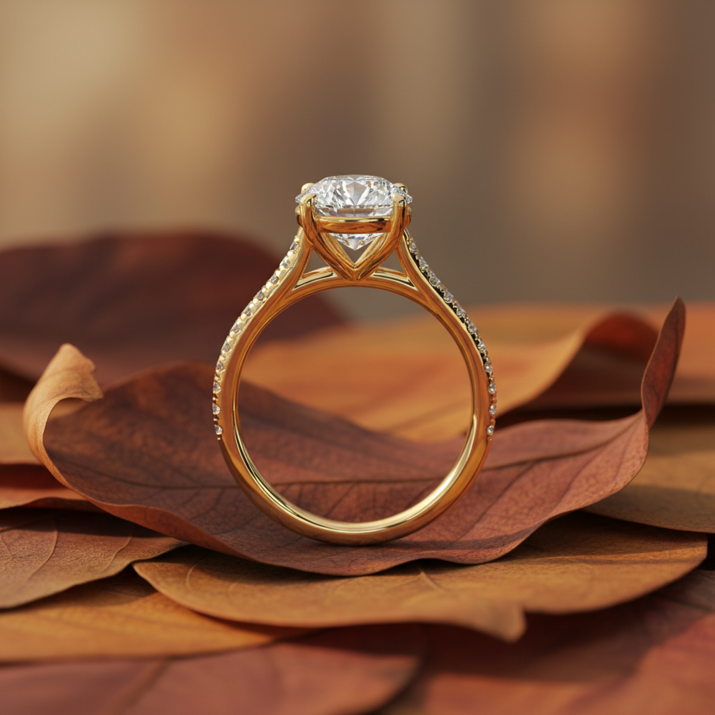 14K Yellow Gold Round Moissanite Diamond Pave Setting Engagement Ring