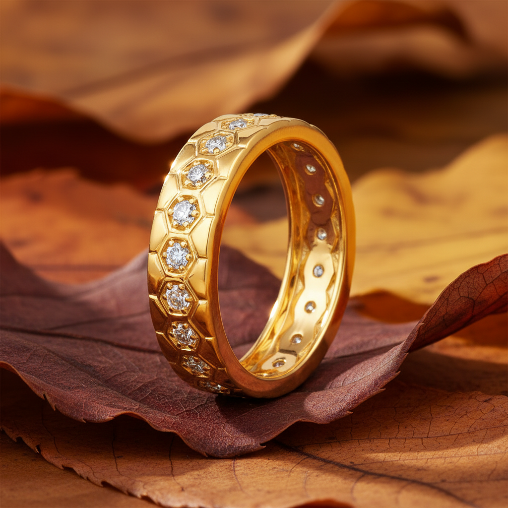 Round Cut Moissanite Hexagon Bezel Full Band Ring