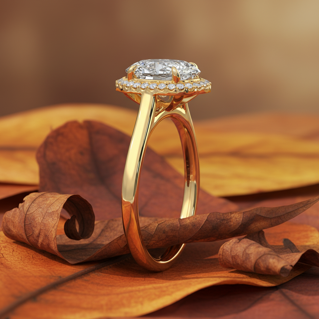 14K Yellow Gold Oval Moissanite Diamond French Pave Halo Engagement Ring