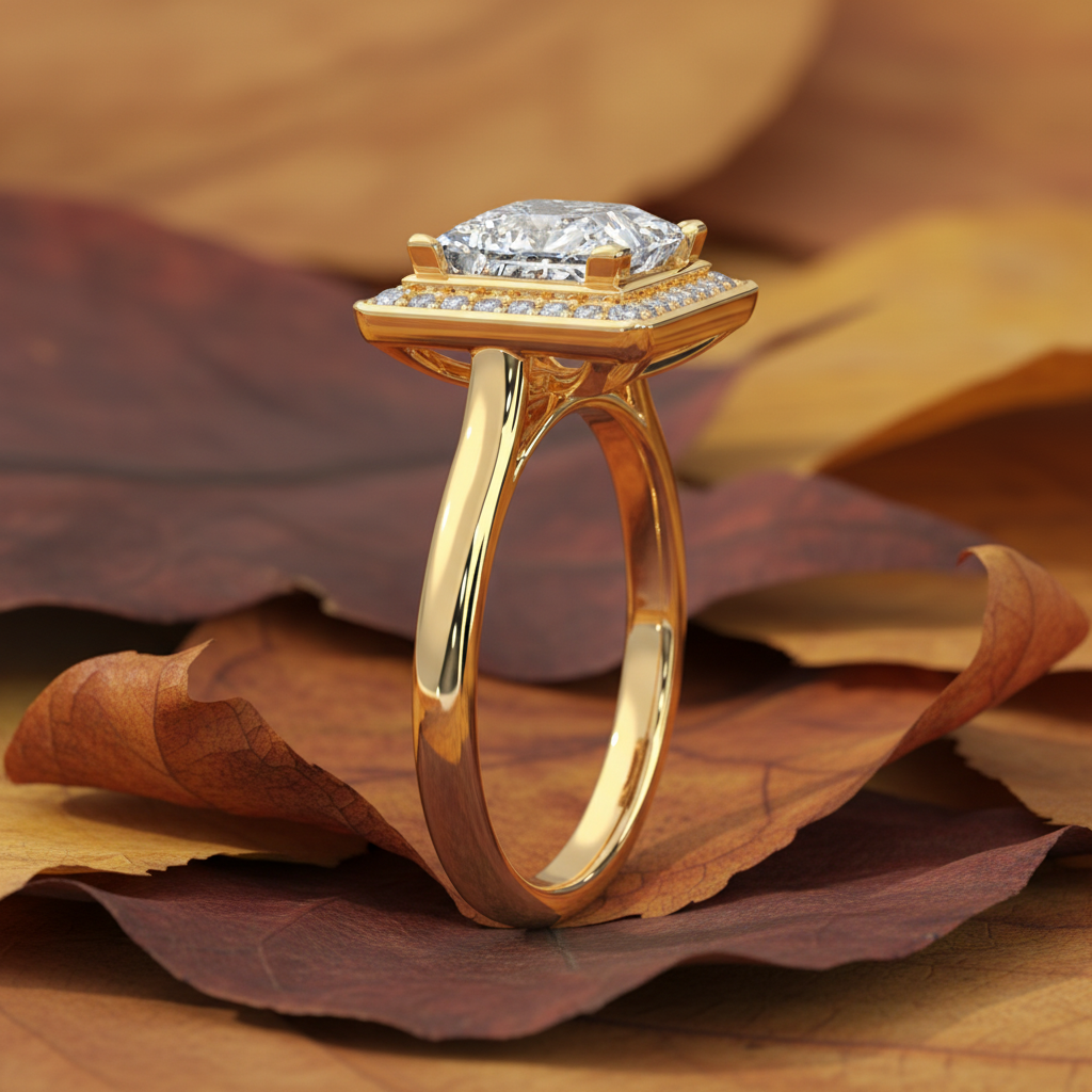 Princess Cut Moissanite Diamond Halo Wedding Ring