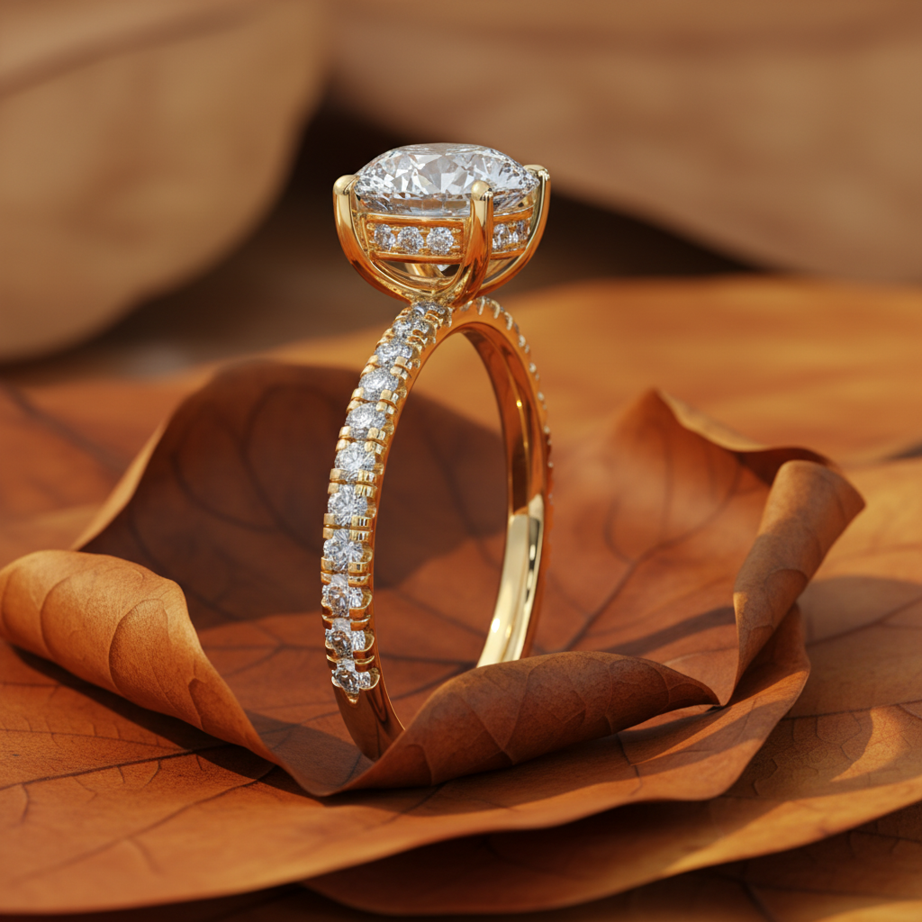 Round Moissanite Diamond Secret Halo French Pavé Wedding Ring