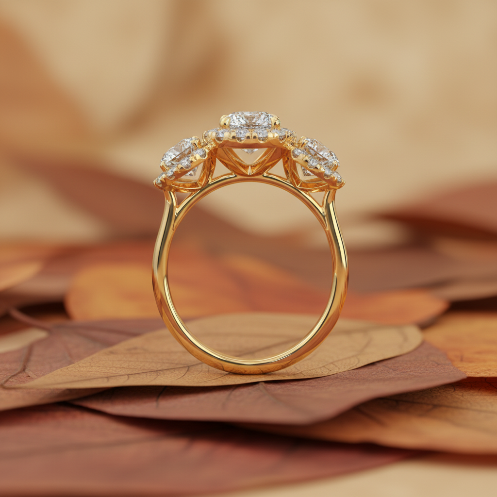 Three Stone Moissanite Diamond Halo Engagement Ring