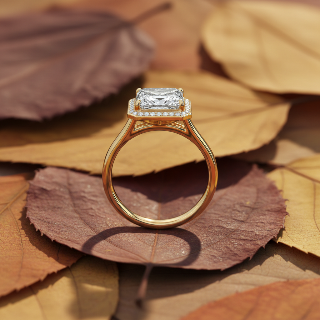 14K Yellow Gold Emerald Cut Moissanite Shared Halo Setting Engagement Ring