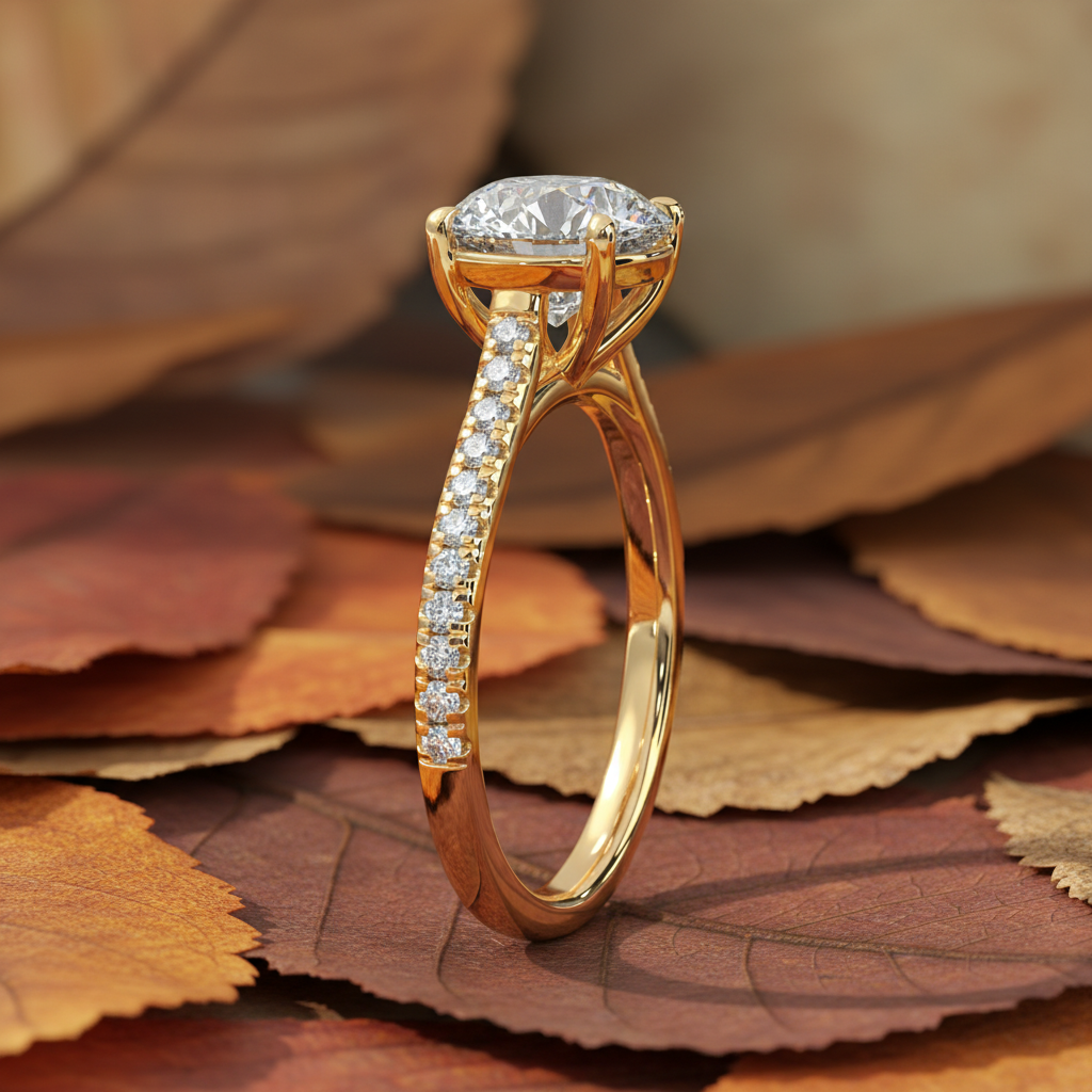 14K Yellow Gold Round Moissanite Diamond Pave Setting Engagement Ring