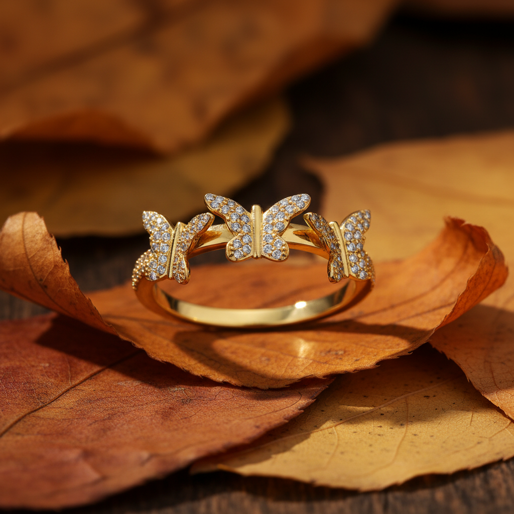 Round Cut Moissanite 3‑Butterfly Linked Charm Diamond Ring