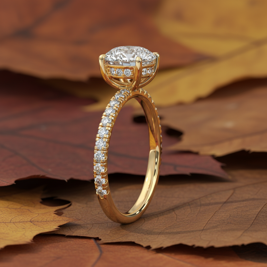 Round Moissanite Diamond Secret Halo French Pavé Wedding Ring