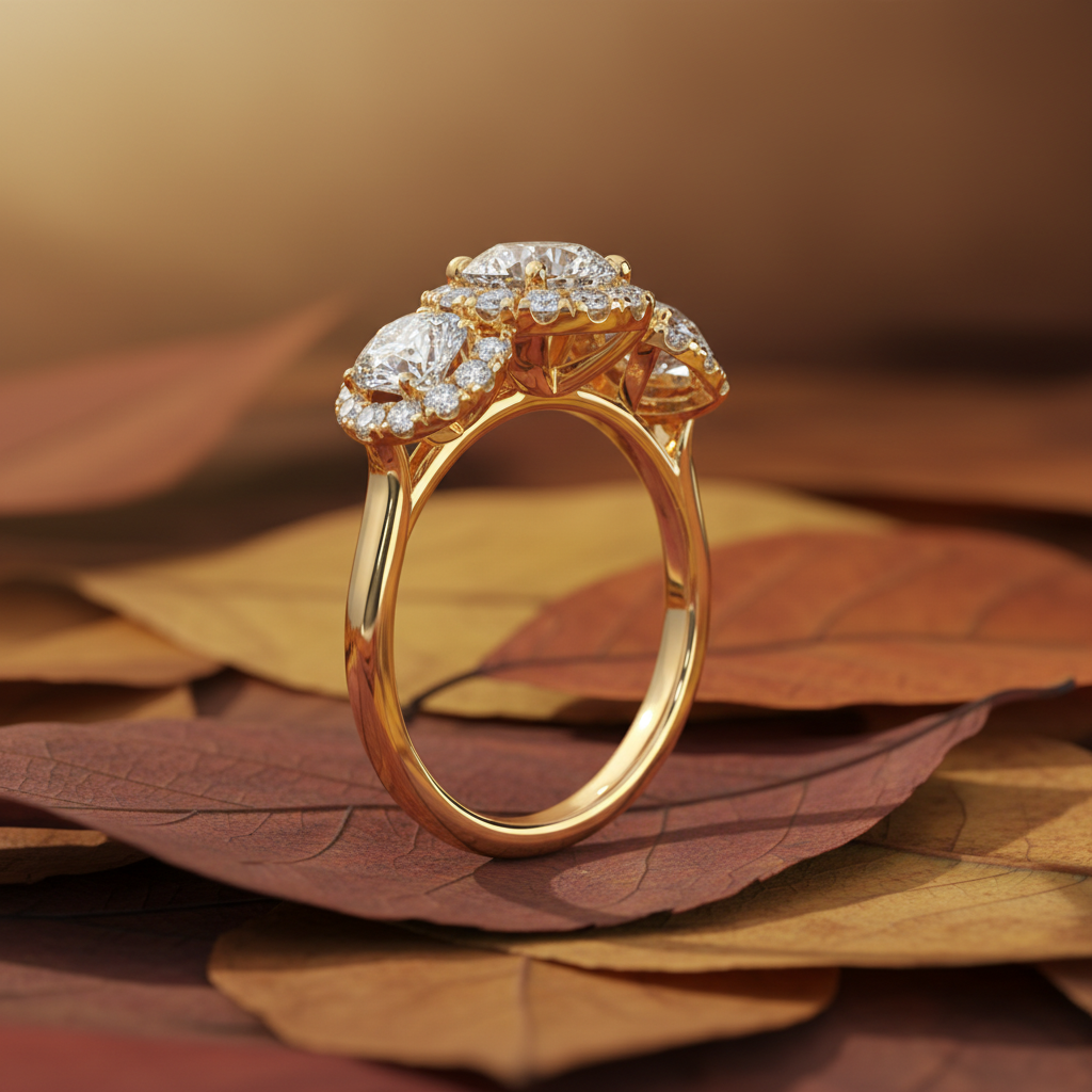 Three Stone Moissanite Diamond Halo Engagement Ring