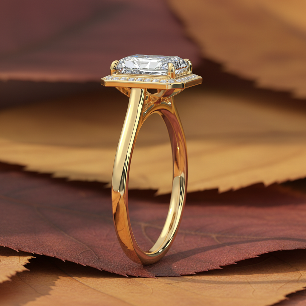 14K Yellow Gold Emerald Cut Moissanite Shared Halo Setting Engagement Ring