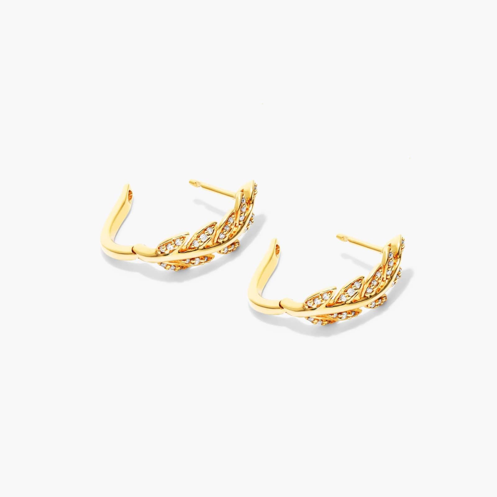 18K Yellow Gold Diamond Leaf Hoop Earrings