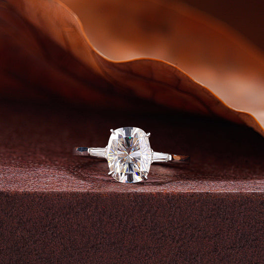 Elongated Cushion Cut Three Stone Engagement Ring with Baguettes, Lab Grown Diamond, IGI Certified, Ring for Her gift for her