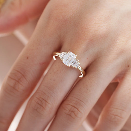 14K Gold 1CT Emerald-Cut Moissanite Diamond Five-Stone Engagement Ring