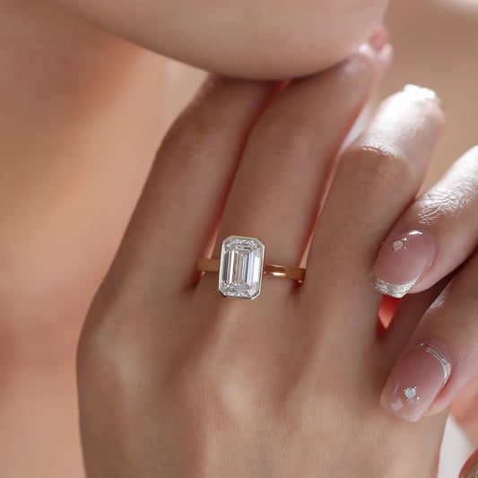 14K Yellow Gold 2CT Emerald-Cut Moissanite Diamond Bezel Setting Solitaire Ring