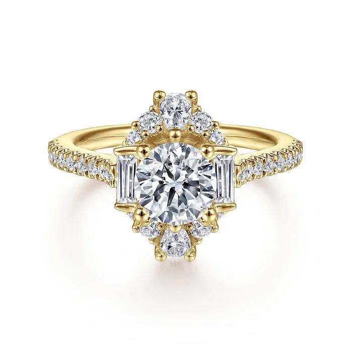 Unique 18K Yellow Gold Art Deco Halo Diamond Engagement Ring