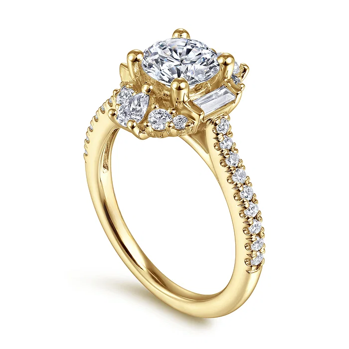 Unique 18K Yellow Gold Art Deco Halo Diamond Engagement Ring