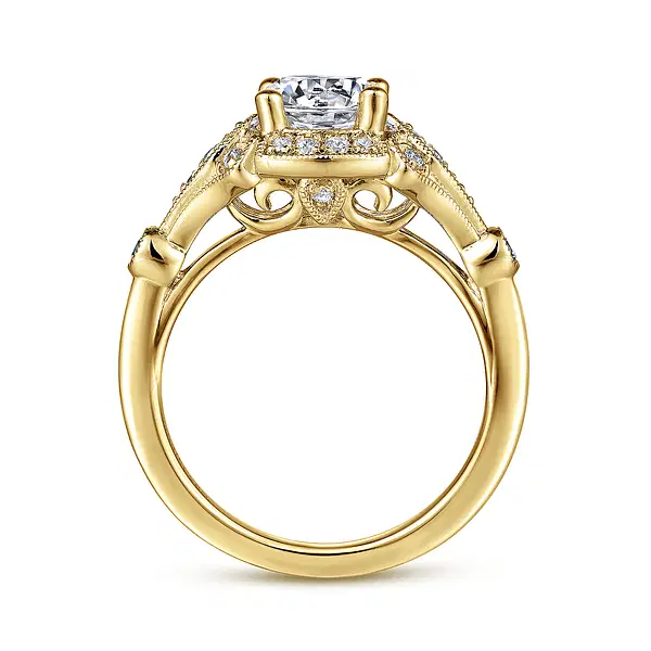 Unique 18K Yellow Gold Art Deco Halo Diamond Engagement Ring