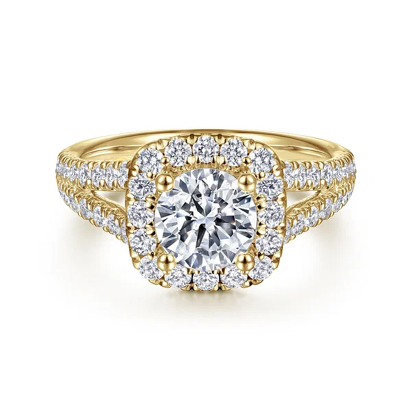 18K Yellow Gold Cushion Halo Round Diamond Engagement Ring