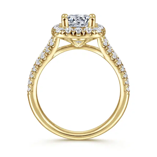 18K Yellow Gold Cushion Halo Round Diamond Engagement Ring