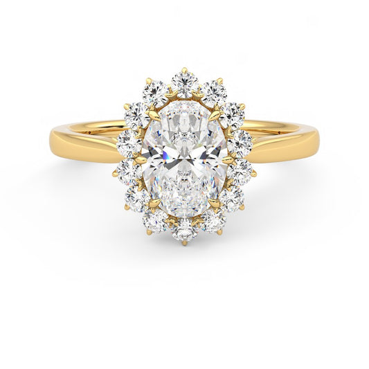 Oval diamond centre and floral diamond halo engagement ring set in 18ct yellow gold