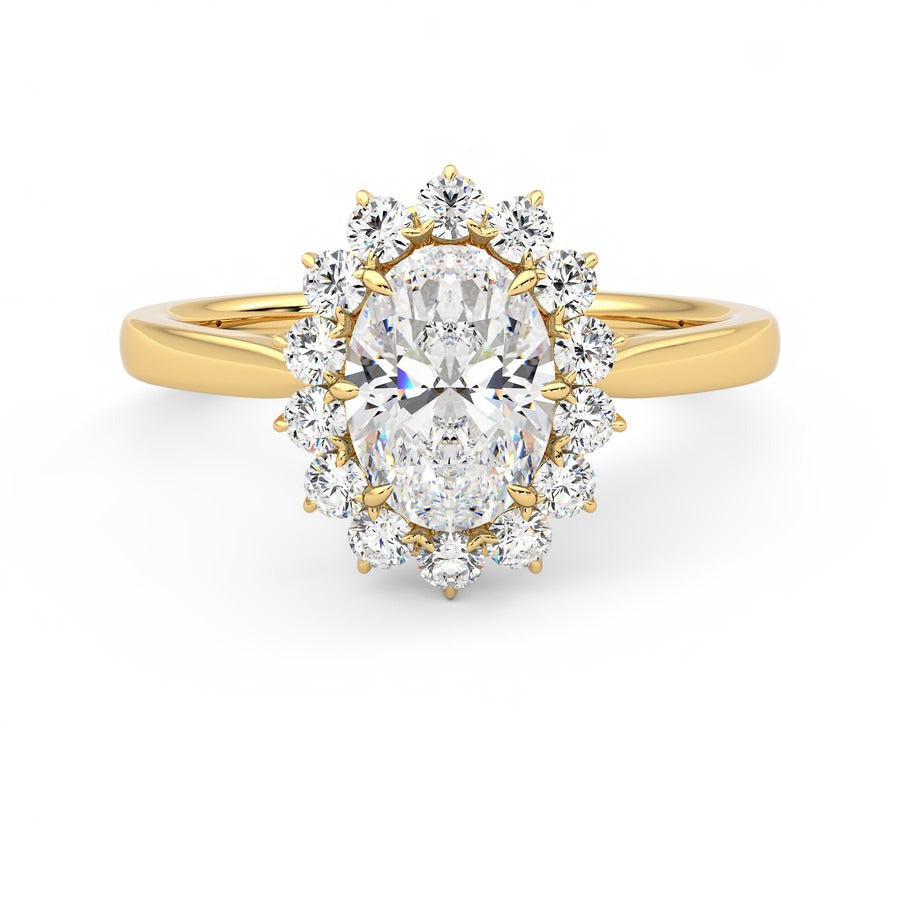 Oval diamond centre and floral diamond halo engagement ring set in 18ct yellow gold