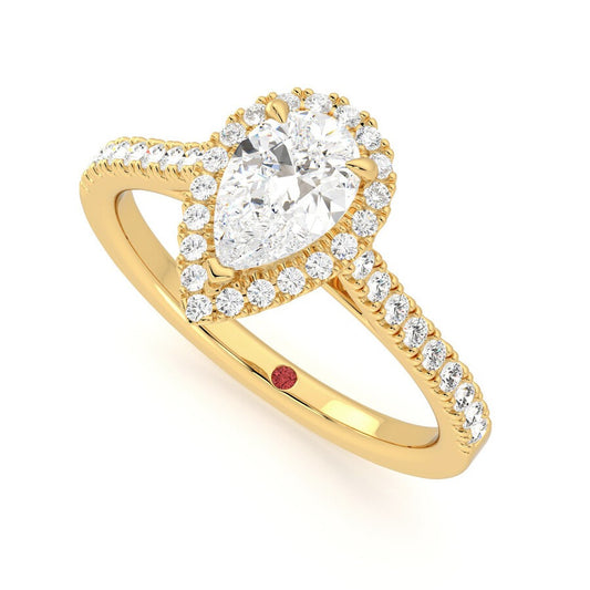 Pear Diamond Halo Engagement Ring in 18k Yellow Gold with Pavé Band