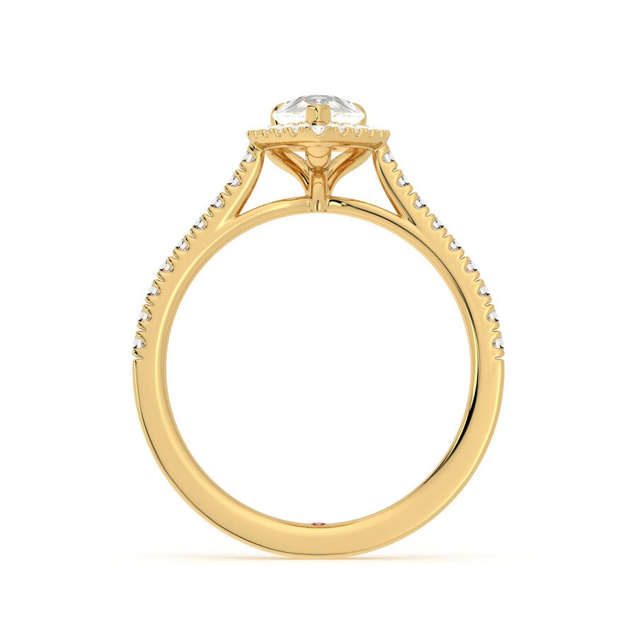 Pear Diamond Halo Engagement Ring in 18k Yellow Gold with Pavé Band