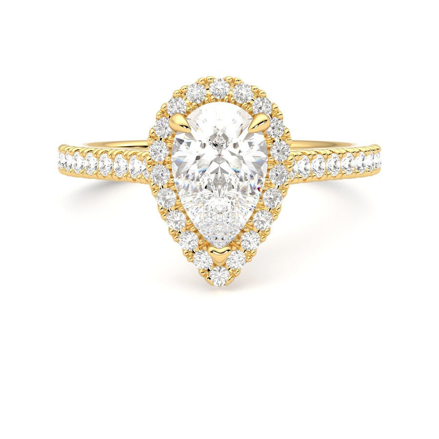 Pear diamond centre and pavé diamond halo engagement ring set in 18ct yellow gold