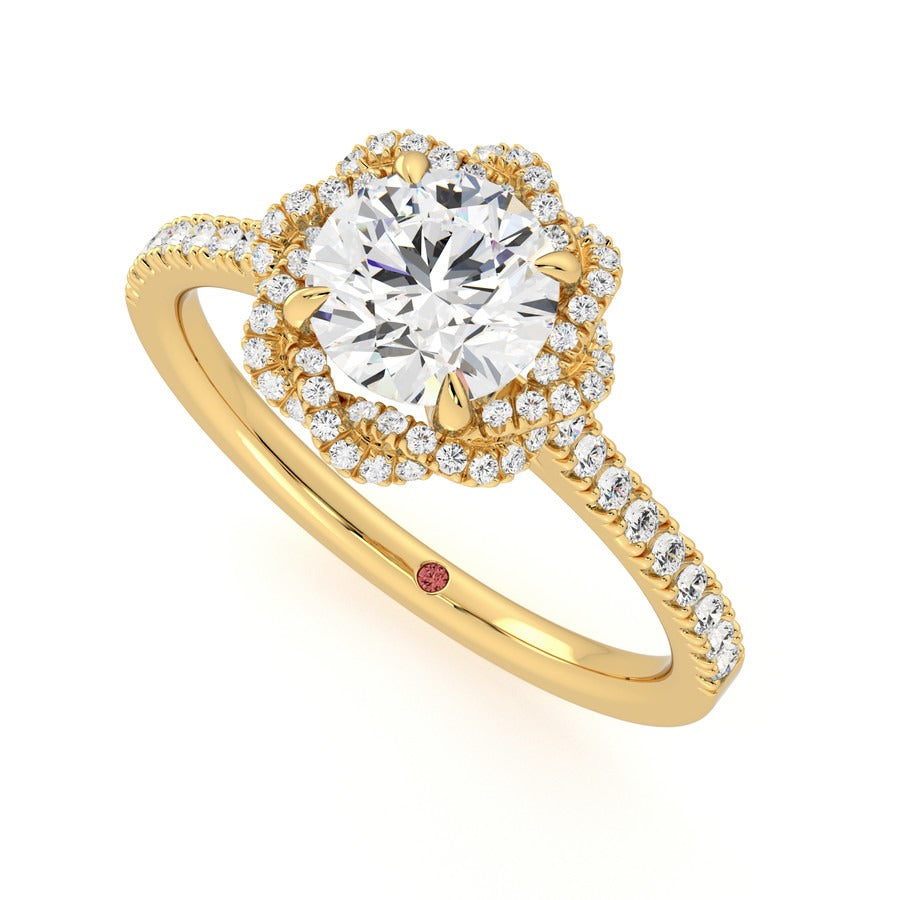 Round diamond centre and twisted pavé diamond halo engagement ring set in 18ct yellow gold