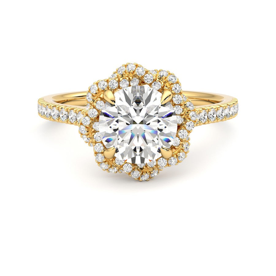 Round diamond centre and twisted pavé diamond halo engagement ring set in 18ct yellow gold