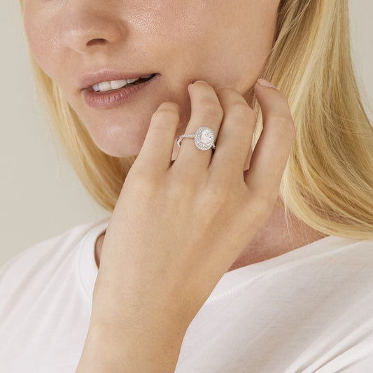 Oval Diamond Double Halo Engagement Ring with Pavé Band in Platinum