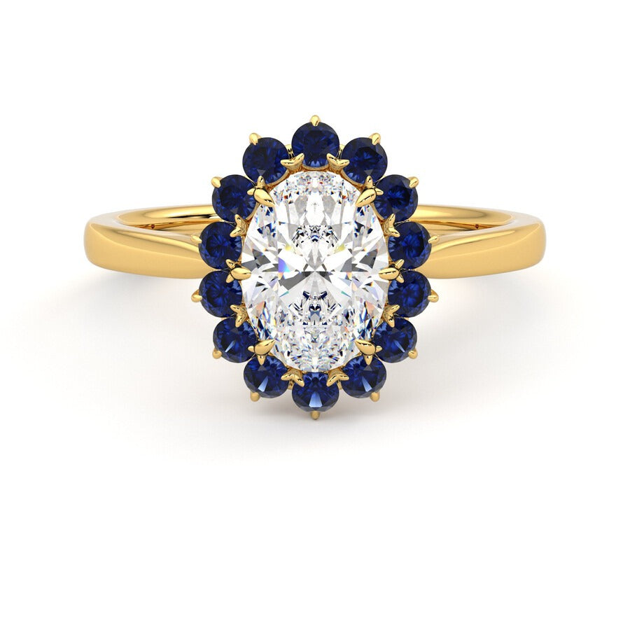 oval solitaire engagement ring with floral blue sapphire halo