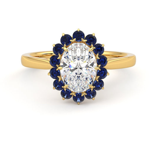 oval solitaire engagement ring with floral blue sapphire halo