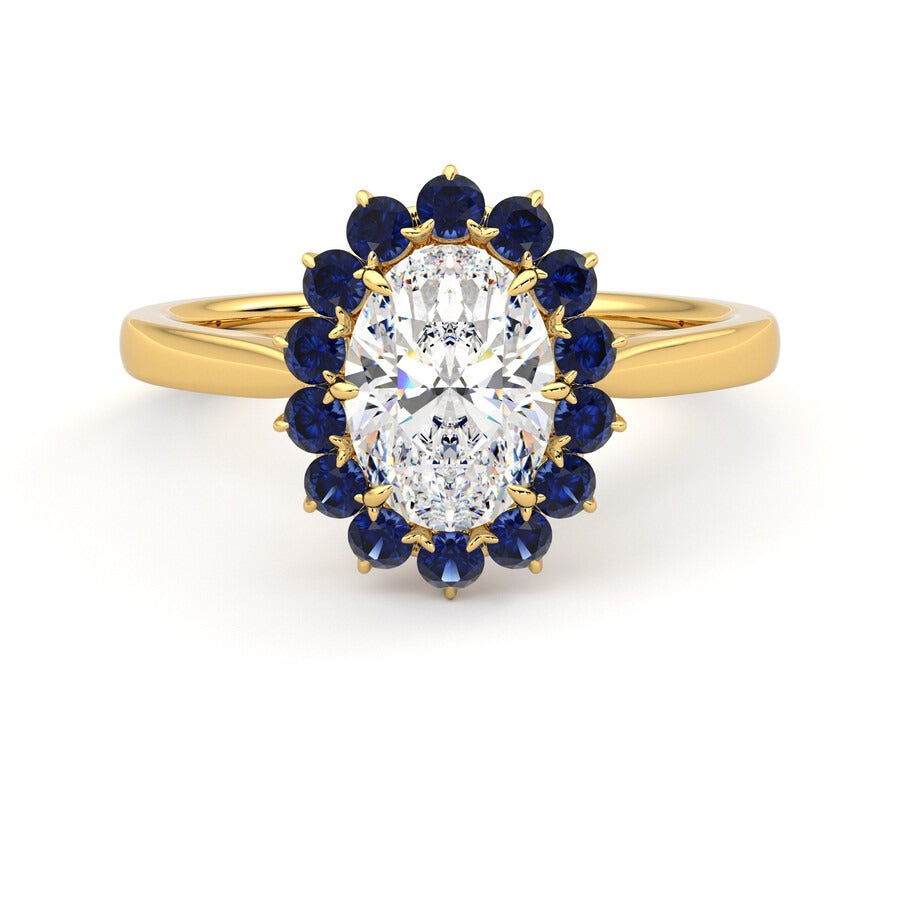 Oval solitaire engagement ring with floral blue sapphire halo