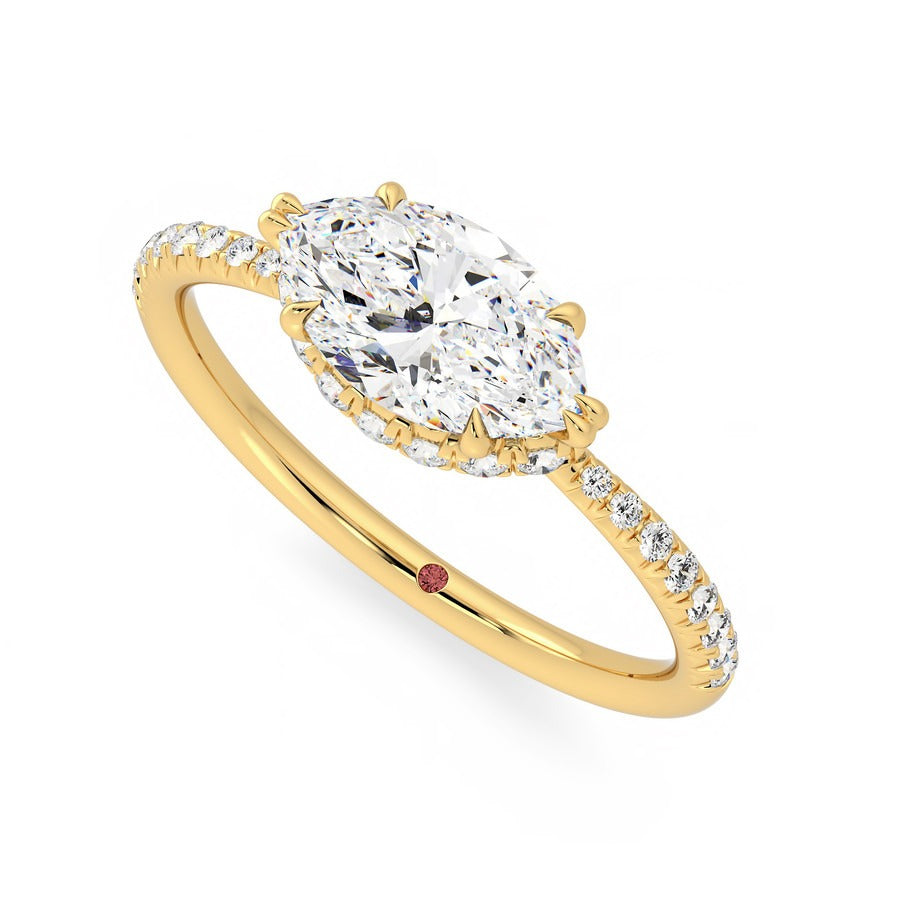 Marquise solitaire engagement ring in east-west setting with hidden halo and half eternity band