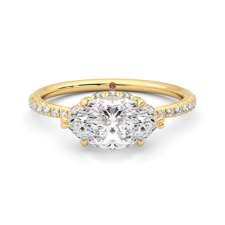 Marquise solitaire engagement ring in east-west setting with hidden halo and half eternity band