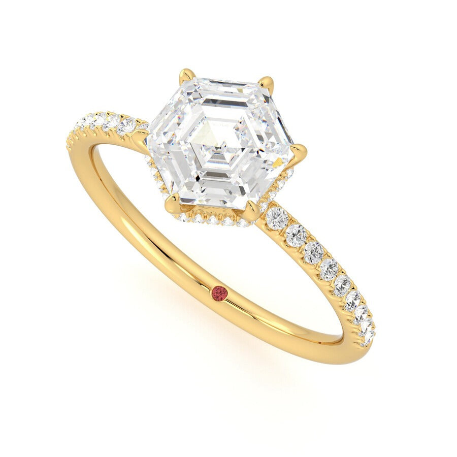 Hexagonal solitaire engagement ring with hidden diamond halo and pavé band