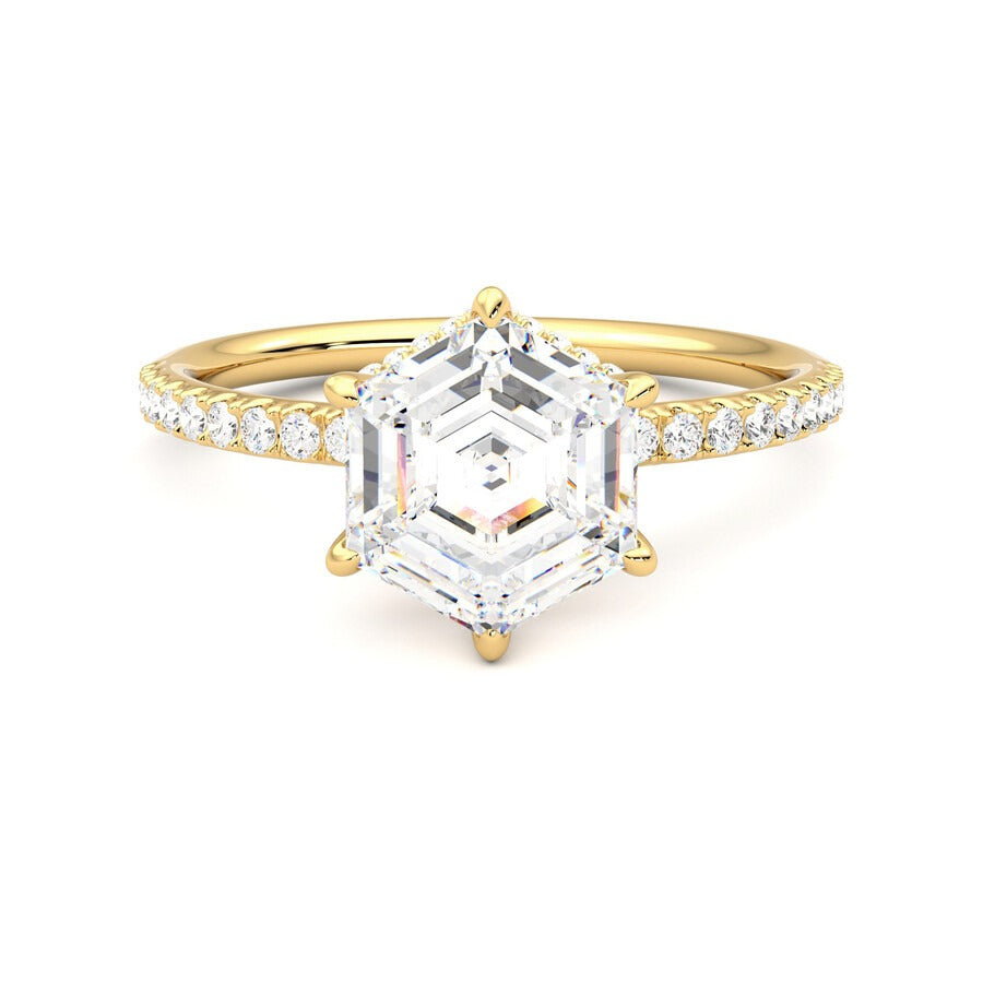 Hexagonal solitaire engagement ring with hidden diamond halo and pavé band